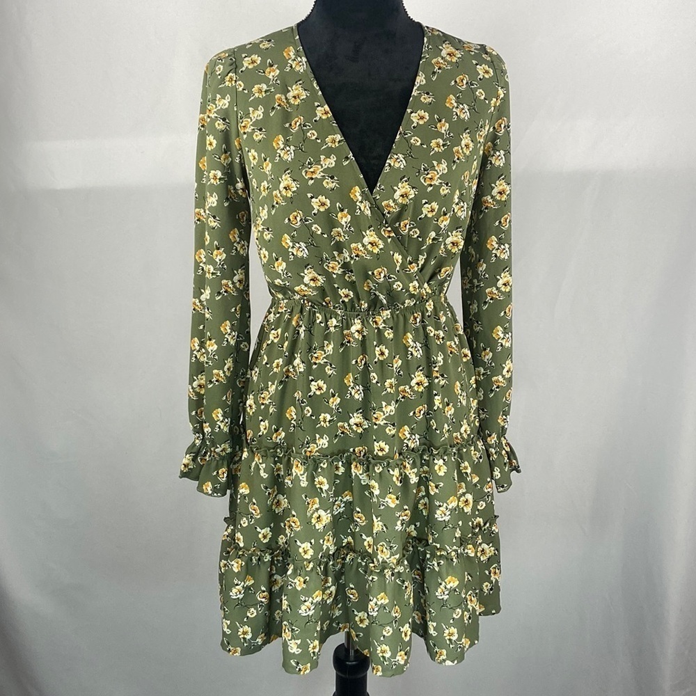Inspired Hearts Long Sleeve Green Floral with Ruffles and Wrap Front - Picture 1 of 9